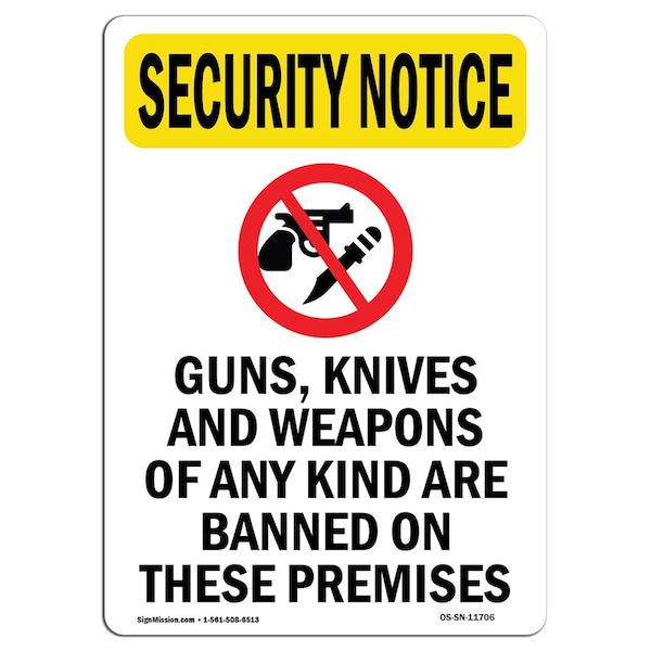 OSHA Security Sign, 5" Height, Guns Knives And Weapons With Symbol, Portrait, 10PK